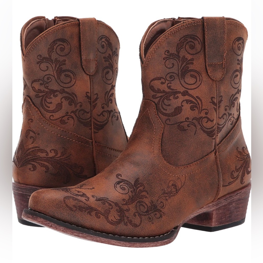 Roper Women's Tan Laser Print Snip Toe Cowboy Booties